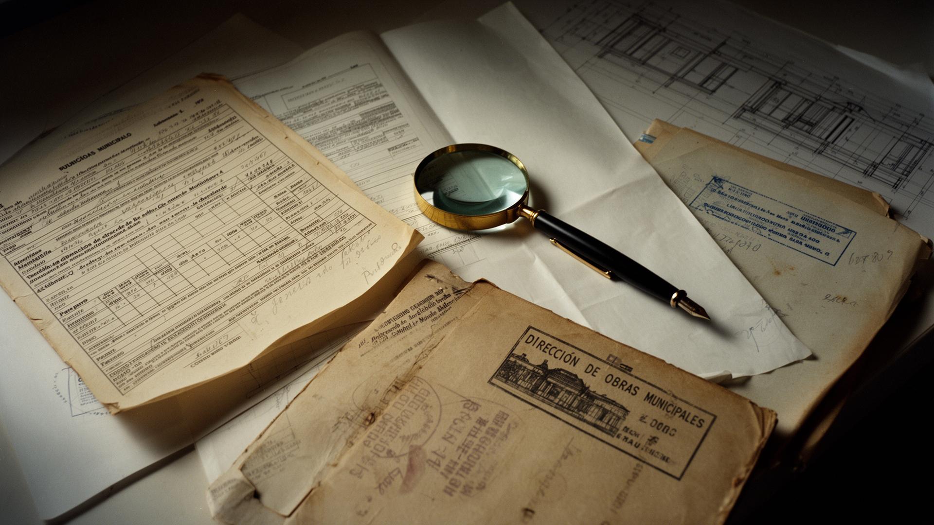 Expediente municipal histórico, planos y lupa sobre escritorio de auditor