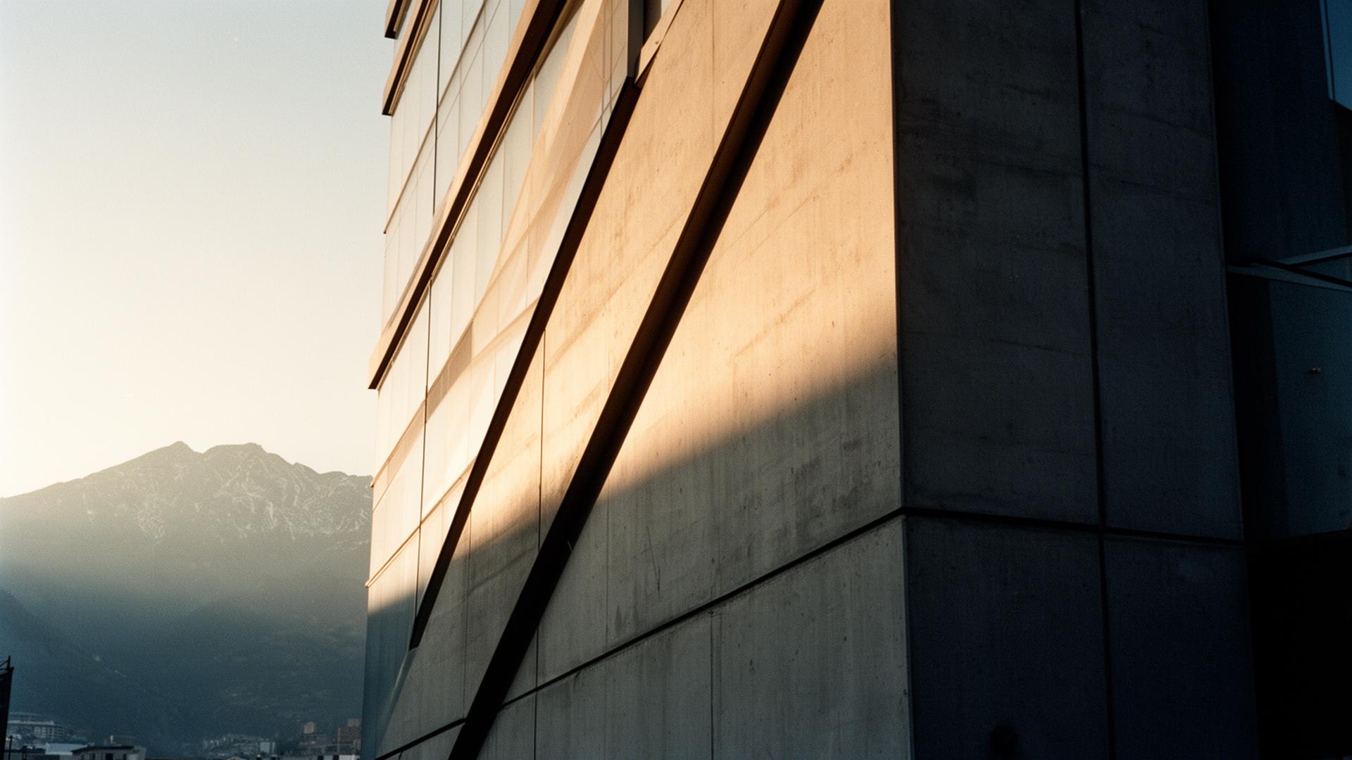 Fachada de edificio comercial en Santiago con la cordillera al fondo
